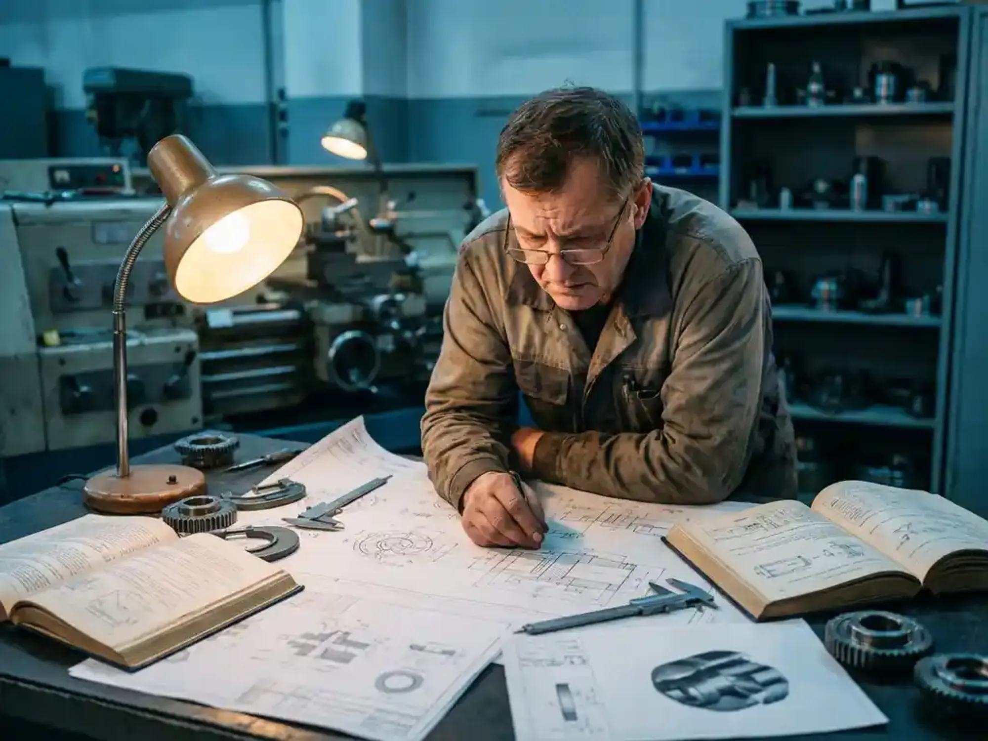 Ingenieur bestudeert technische tekeningen aan rommelig werkstation met meetgereedschap en handboeken in industriële werkplaats