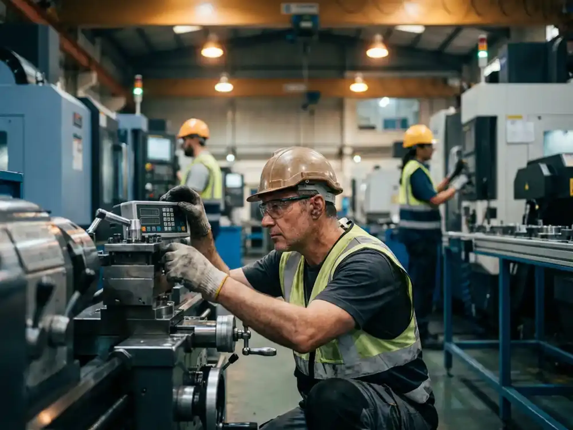 Ingenieur in veiligheidsuitrusting stelt precisiemachines af in moderne productiefaciliteit met CNC-machines op achtergrond
