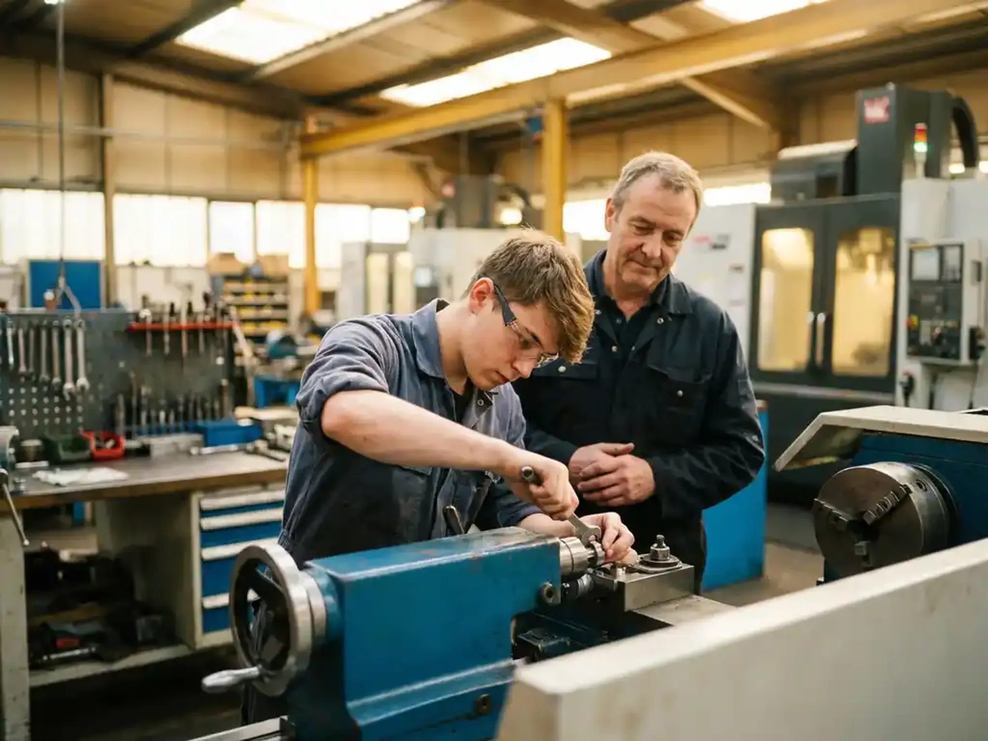 Leerling stelt precisieonderdelen bij op industriële machine terwijl mentor toekijkt in moderne werkplaats met CNC-apparatuur
