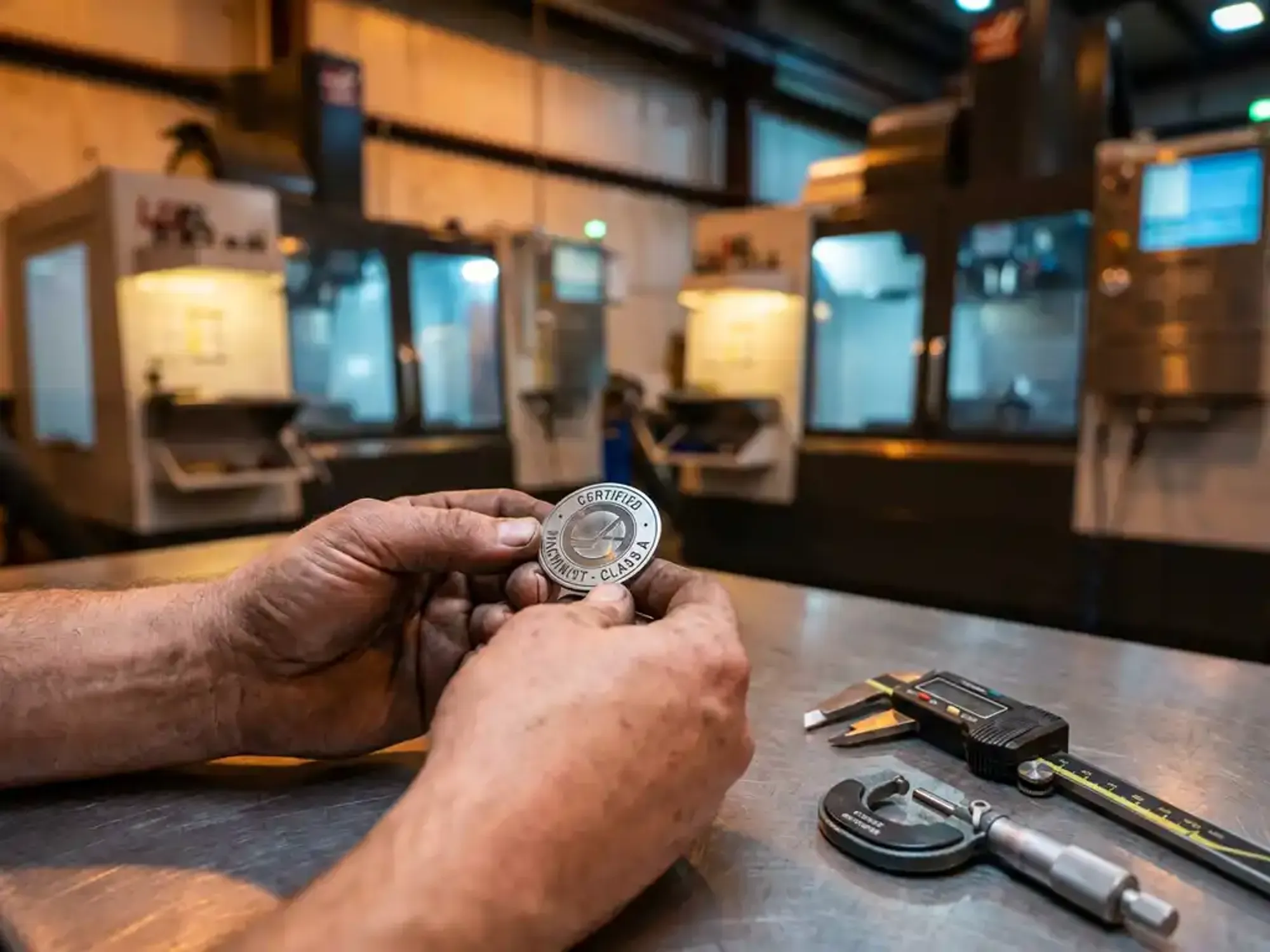 Machinist onderzoekt metalen certificatiebadge met precisie-meetinstrumenten op stalen werkbank in industriële werkplaats
