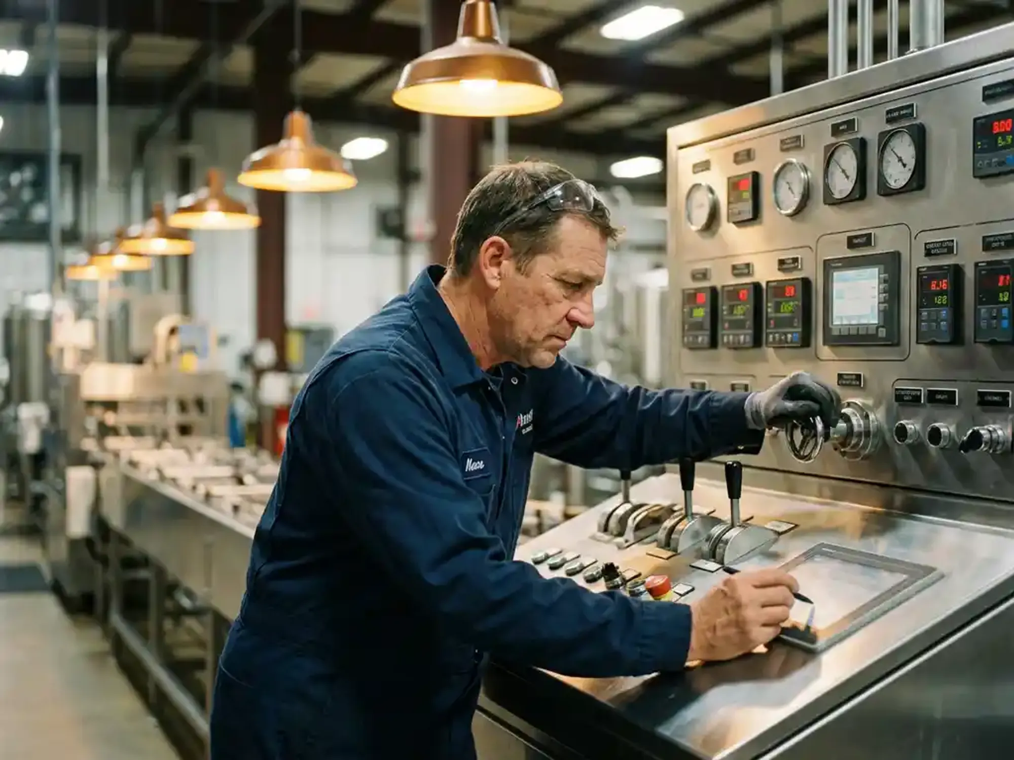 Machineoperator in blauwe werkkleding bedient bedieningspaneel van industriële productielijn in moderne fabriek