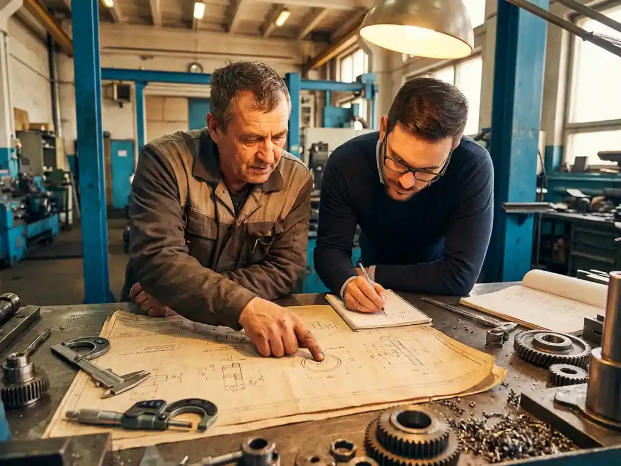 Machinist en ingenieur bespreken technische tekeningen aan werkbank met meetgereedschap en metalen onderdelen