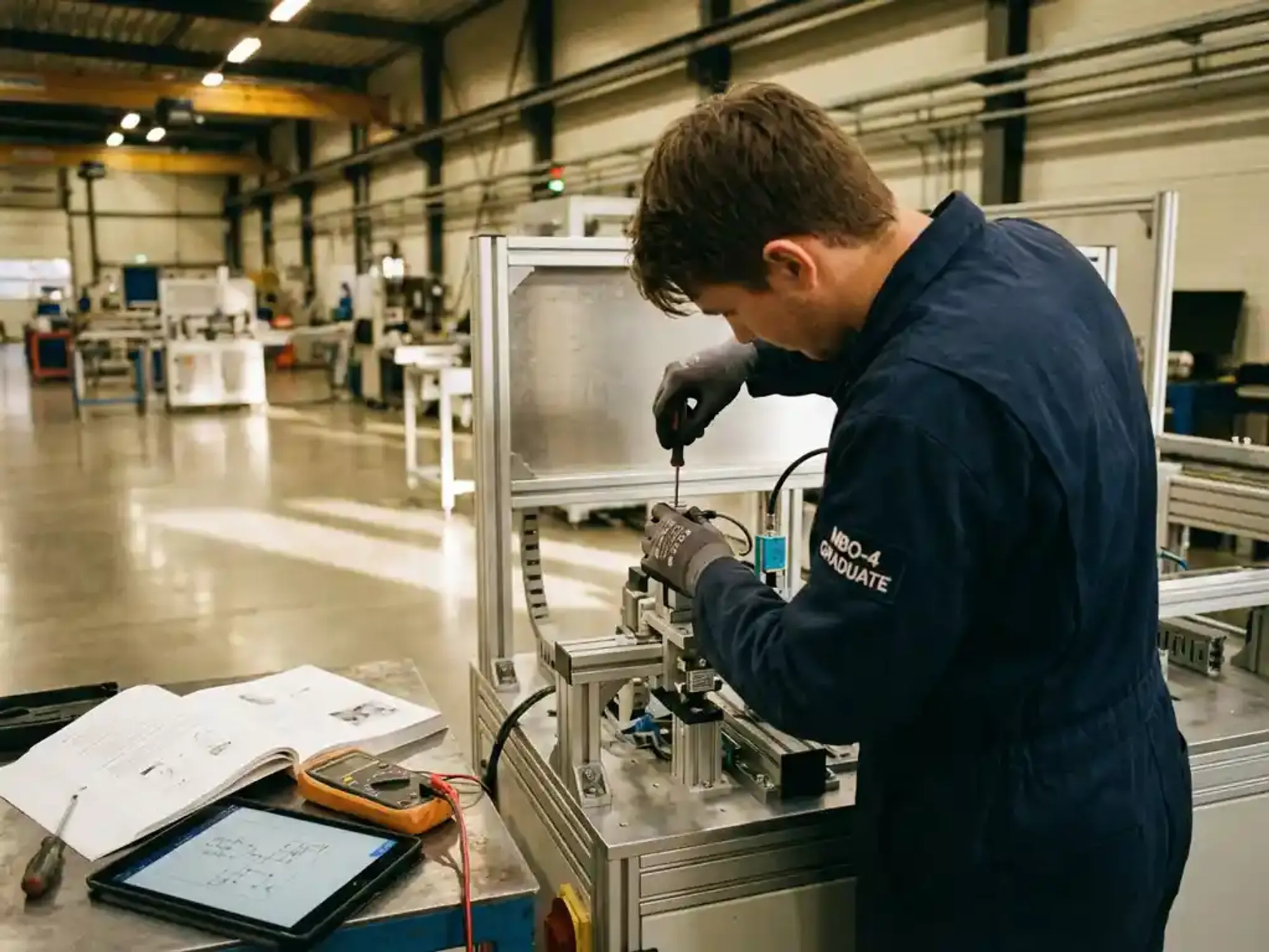 MBO-4 afgestudeerde in werkkleding past precisiemachines aan in moderne industriële faciliteit met gereedschap op werkbank