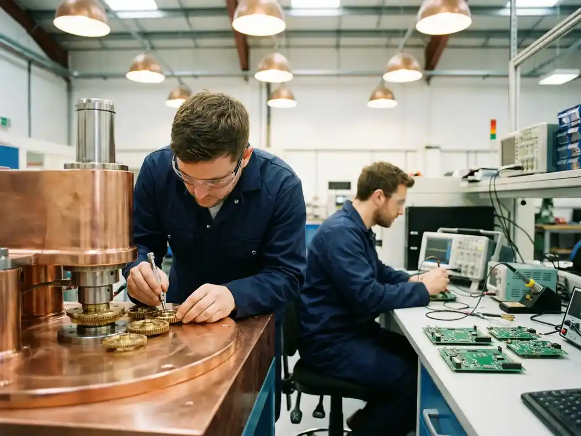 Twee ingenieurs werken aan precisieapparatuur in moderne productiefaciliteit met koperen machines en elektronische componenten