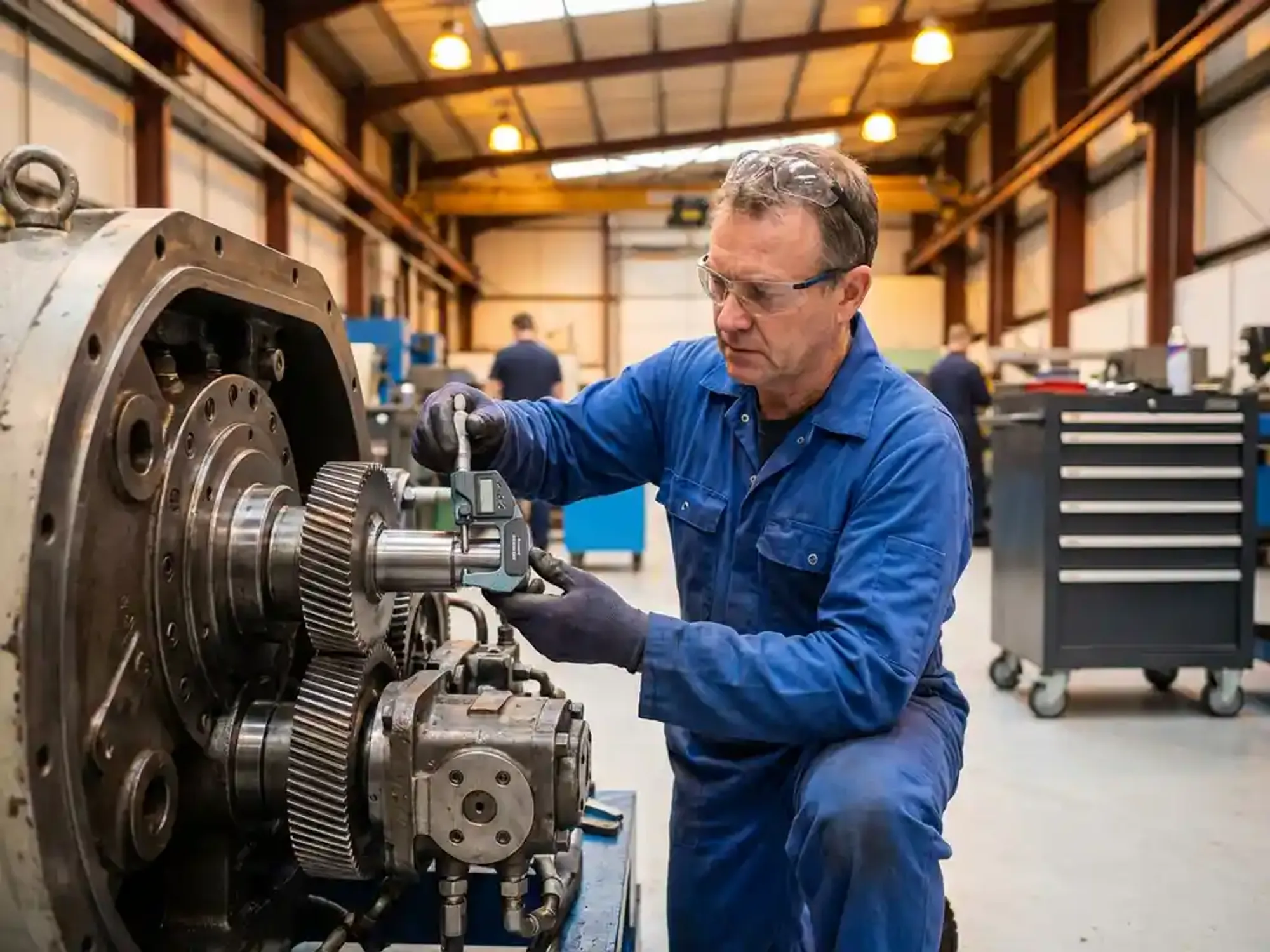 Onderhoudsingenieur in blauwe overall inspecteert industriële machine met meetgereedschap op moderne fabrieksvloer