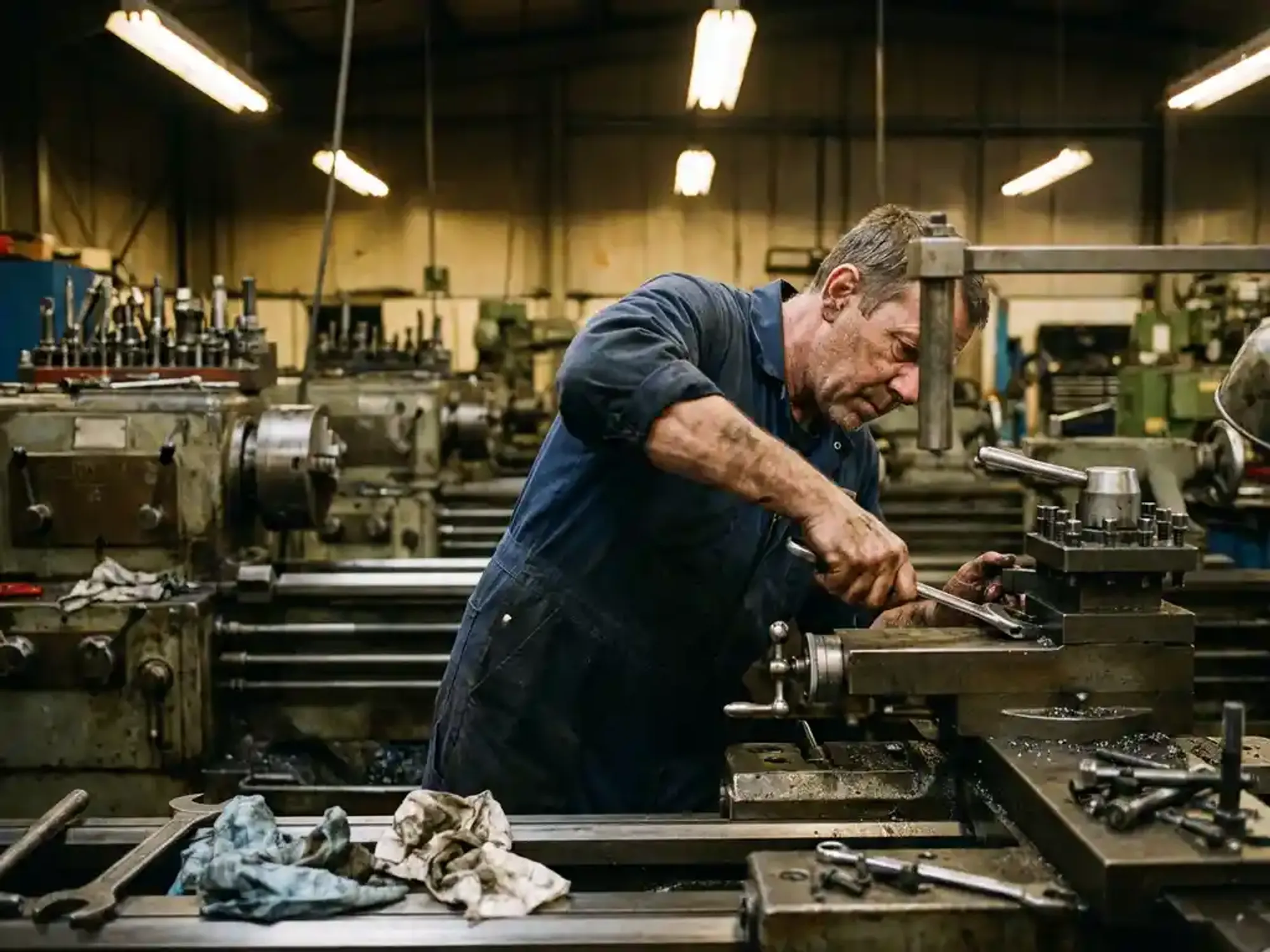 Onderhoudstechnicus in blauwe overall past industriële machine aan met moersleutel in werkplaats met gereedschap