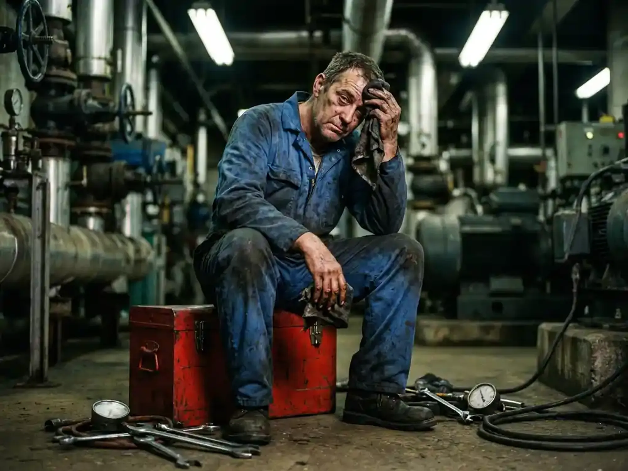 Vermoeide onderhoudstechnicus in blauwe overall zittend op gereedschapskist in industriële faciliteit, veegt zweet af