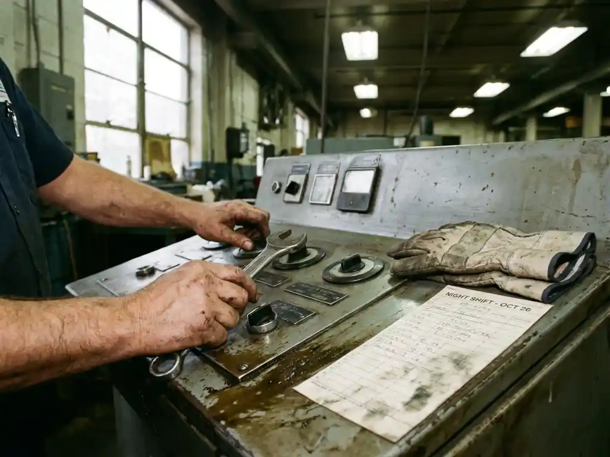 Verweerde handen van onderhoudstechnicus bedienen industriële machinebesturing, werkhandschoenen en nachtdienst tijdkaart op paneel