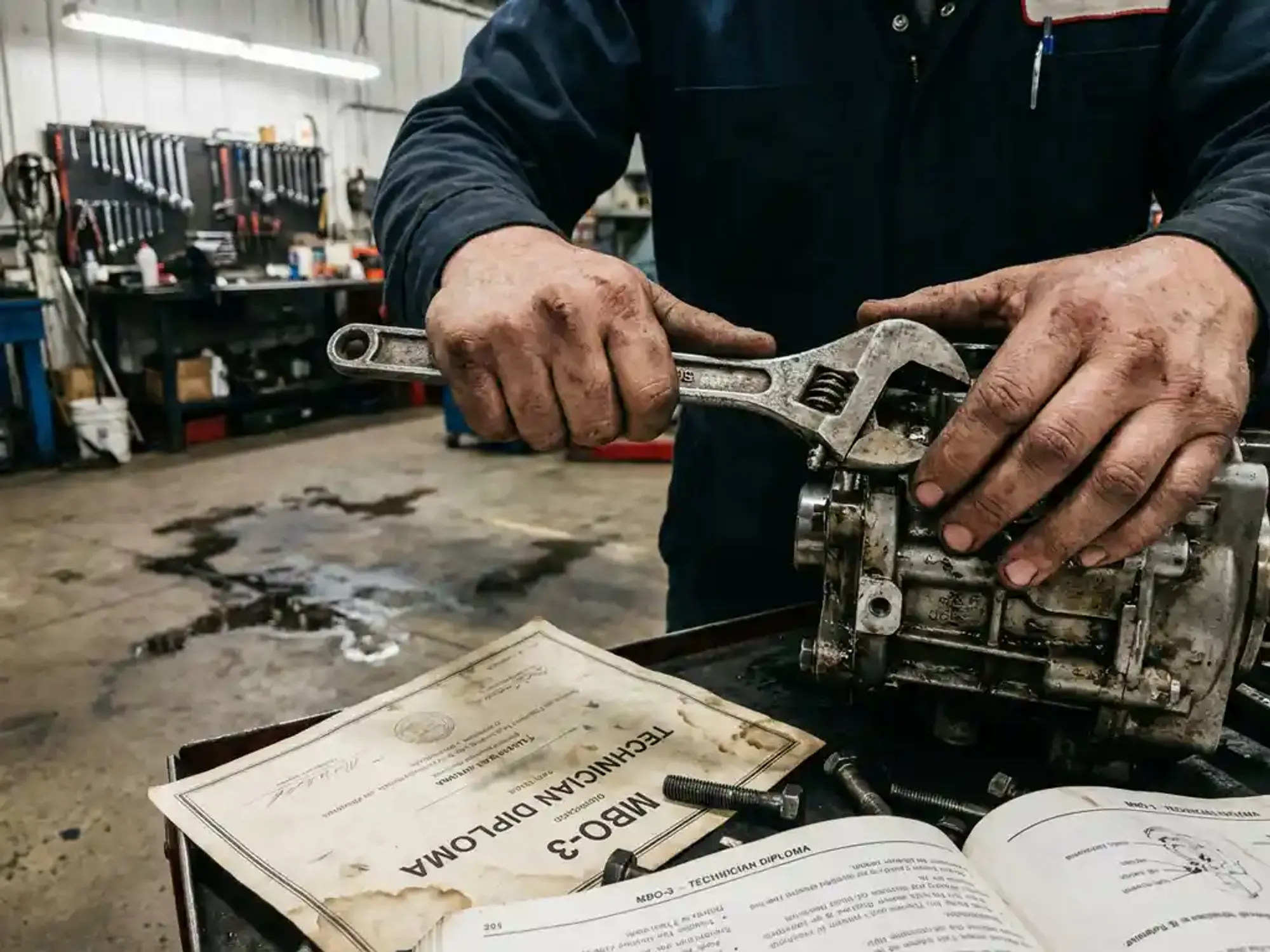 Ervaren monteur past precisiemachineonderdelen aan met gereedschap in industriële werkplaats, diploma op werkbank