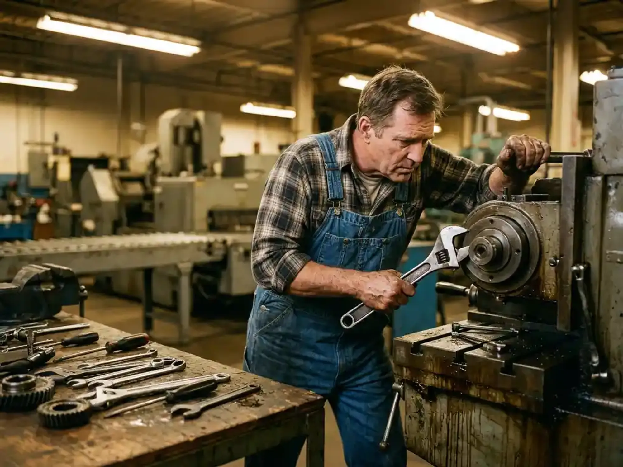 Onderhoudstechnicus onderzoekt industriële machines met gereedschap op werkbank in fabriek