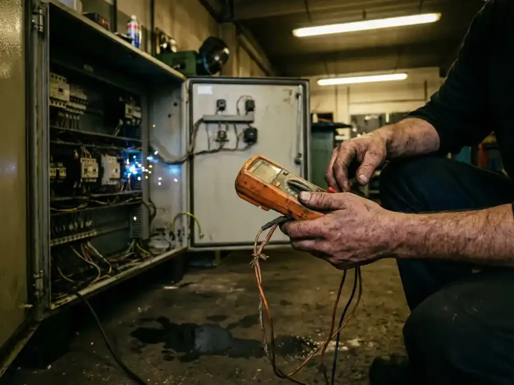 Onderhoudstechnicus met multimeter bij open industrieel bedieningspaneel in fabriek