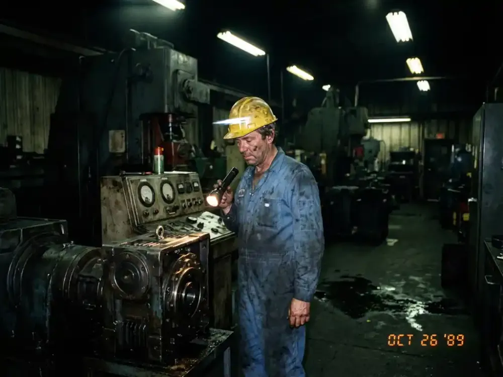 Onderhoudsmedewerker in blauwe overall controleert industriële apparatuur met zaklamp tijdens nachtdienst in fabriek