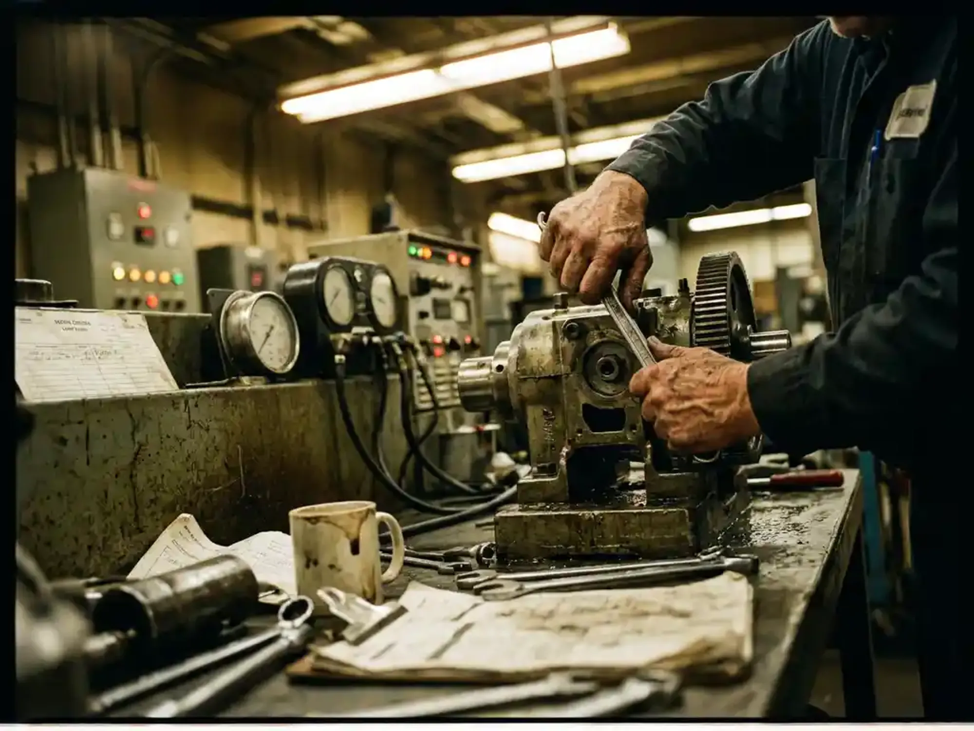 Ervaren onderhoudstechnicus past precisiemachines aan met sleutel in authentieke werkplaats met industriële apparatuur
