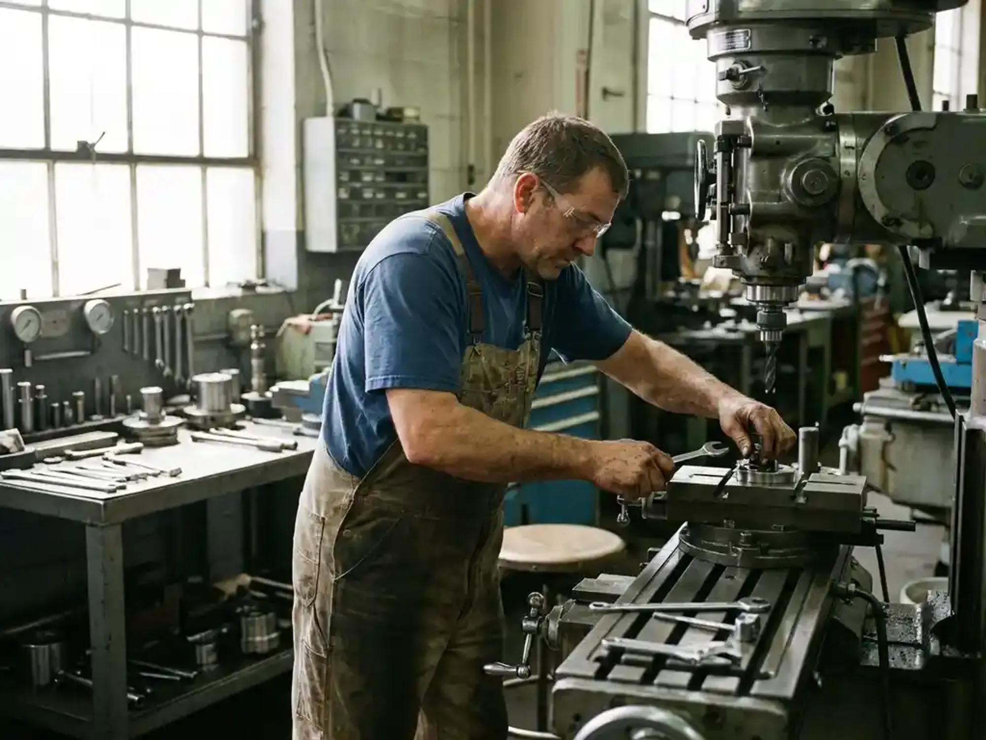 Ervaren onderhoudstechnicus past precisiemachines aan in industriële werkplaats met professionele gereedschappen