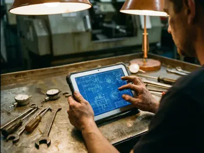 Onderhoudstechnicus bekijkt technische schema's op tablet tussen gereedschap op werkbank in industriële werkplaats