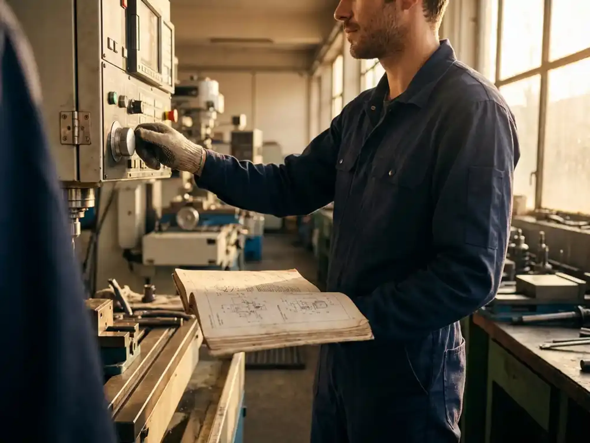 Operator in blauwe overall past precisie-apparatuur aan terwijl hij technische handleiding vasthoudt in moderne industriële werkplaats