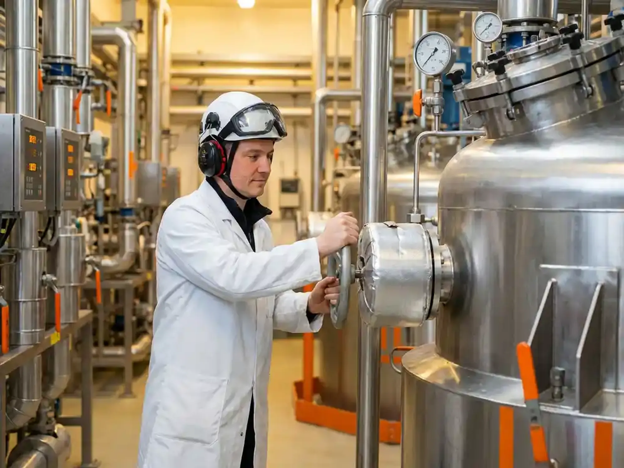 Procesingenieur in witte laboratoriumjas stelt kleppen bij op roestvrijstalen industriële reactor in chemische verwerkingsfaciliteit