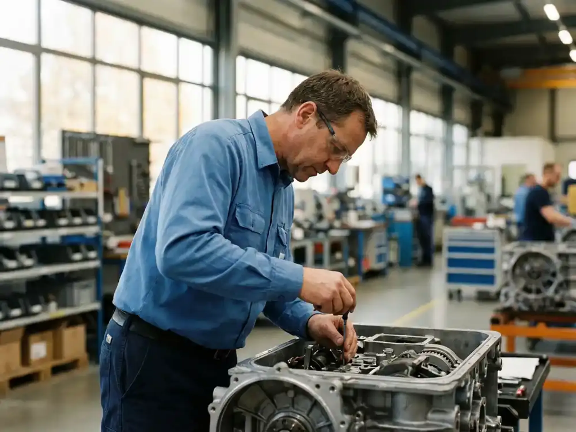 Servicetechnicus stelt precisieonderdelen af in industriële machine in moderne productiefaciliteit