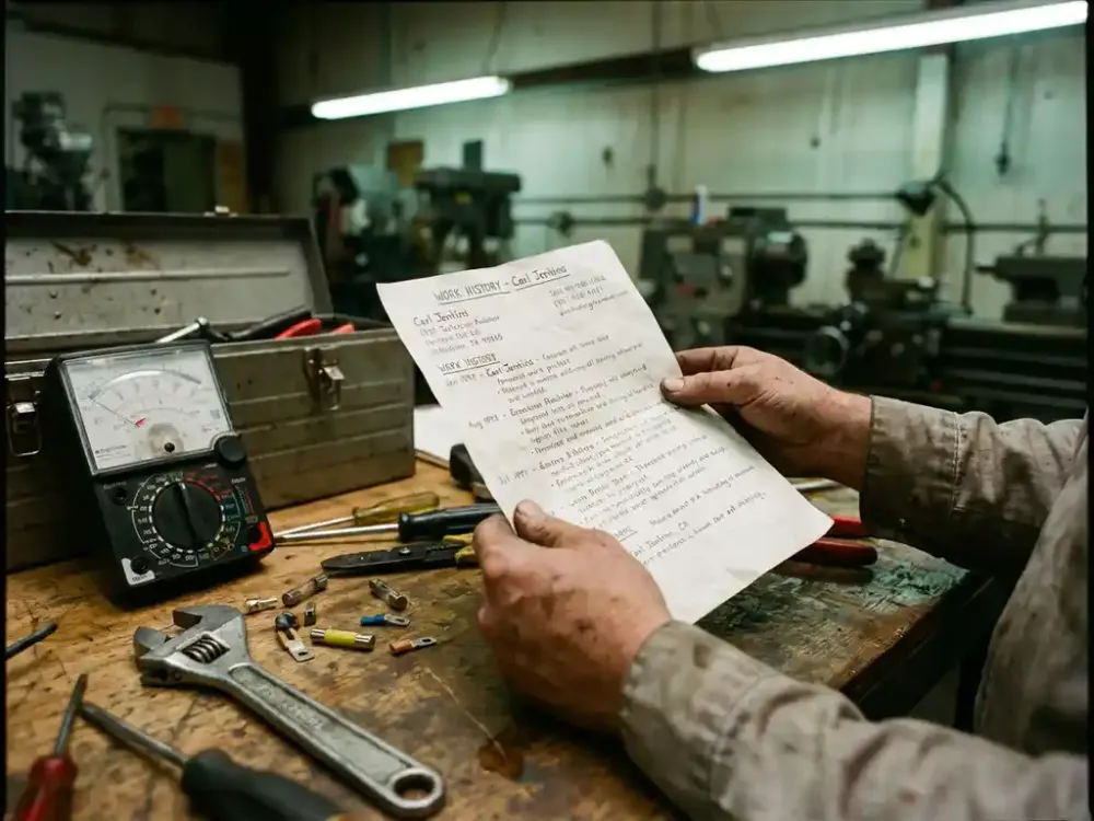 Technicus bekijkt handgeschreven cv op werkbank met gereedschap in industriële onderhoudsworkshop