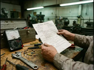 Technicus bekijkt handgeschreven cv op werkbank met gereedschap in industriële onderhoudsworkshop