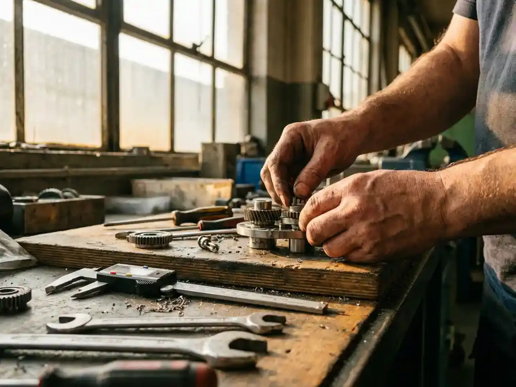 Ervaren technicus past precisiemachineonderdelen aan op industriële werkbank met gereedschap en natuurlijk licht