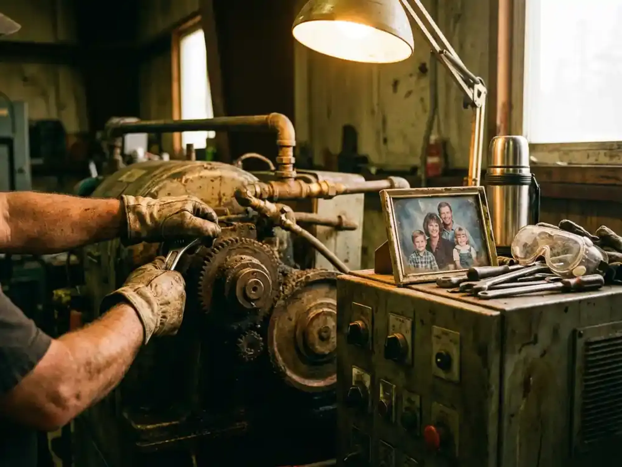 Technicus past industriële machine aan met familiefoto op bedieningspaneel in werkplaats met warme verlichting