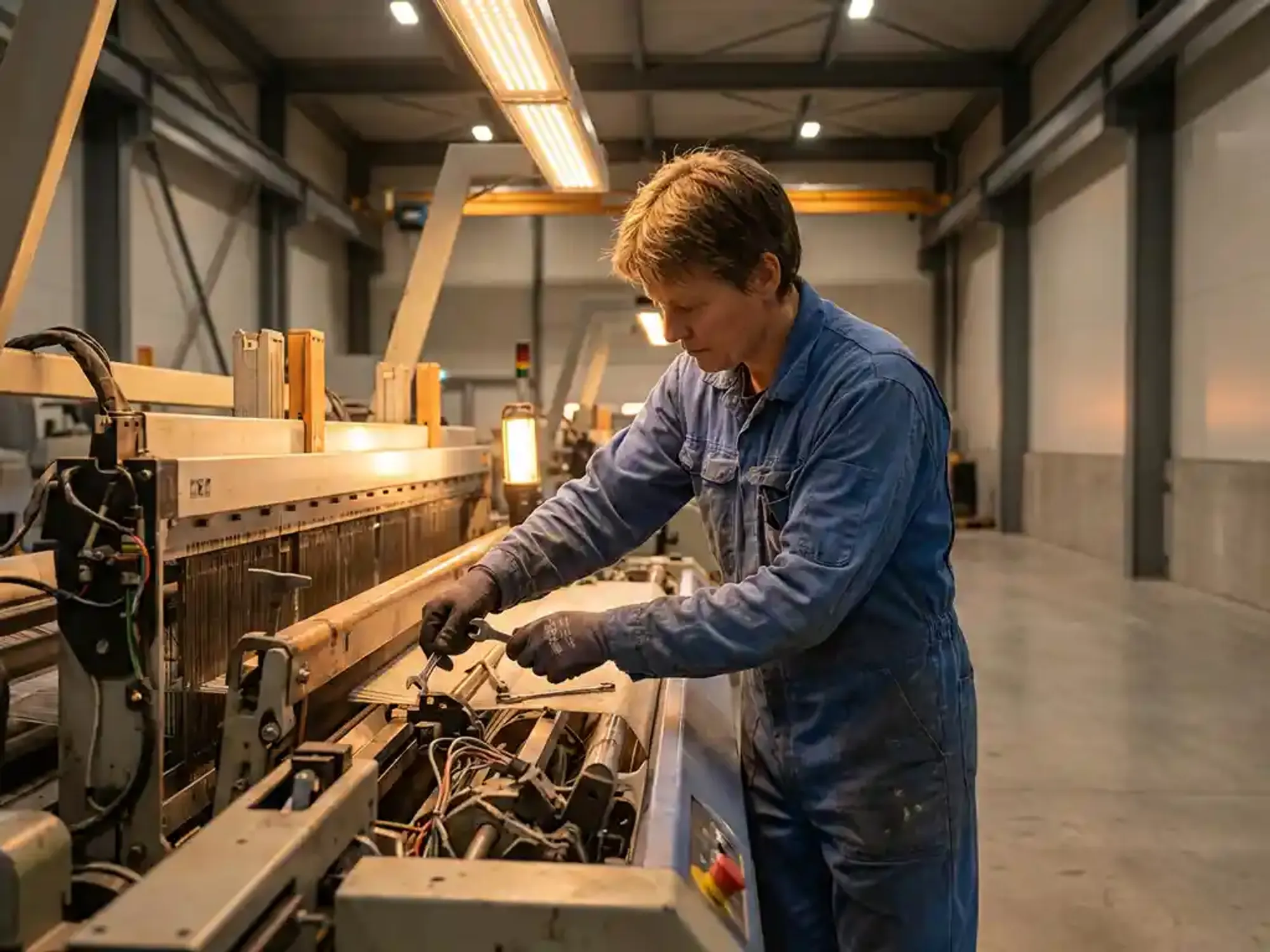 Servicetechnicus in blauwe overall past precisieonderdelen aan op industriële machine in moderne fabriek