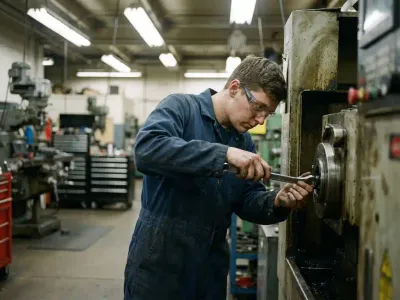 Technicus in blauwe overall past industriële machine aan met moersleutel in werkplaats met zware apparatuur