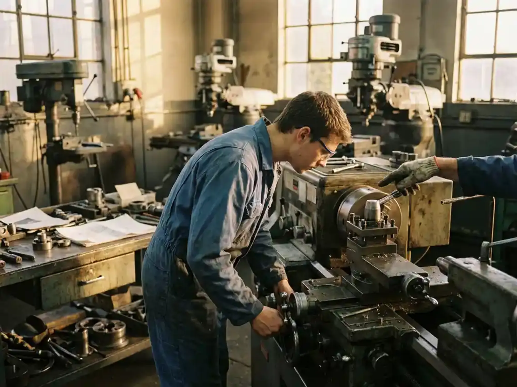 Jonge technicus past industriële machine aan onder begeleiding van ervaren mentor in werkplaats met gereedschap