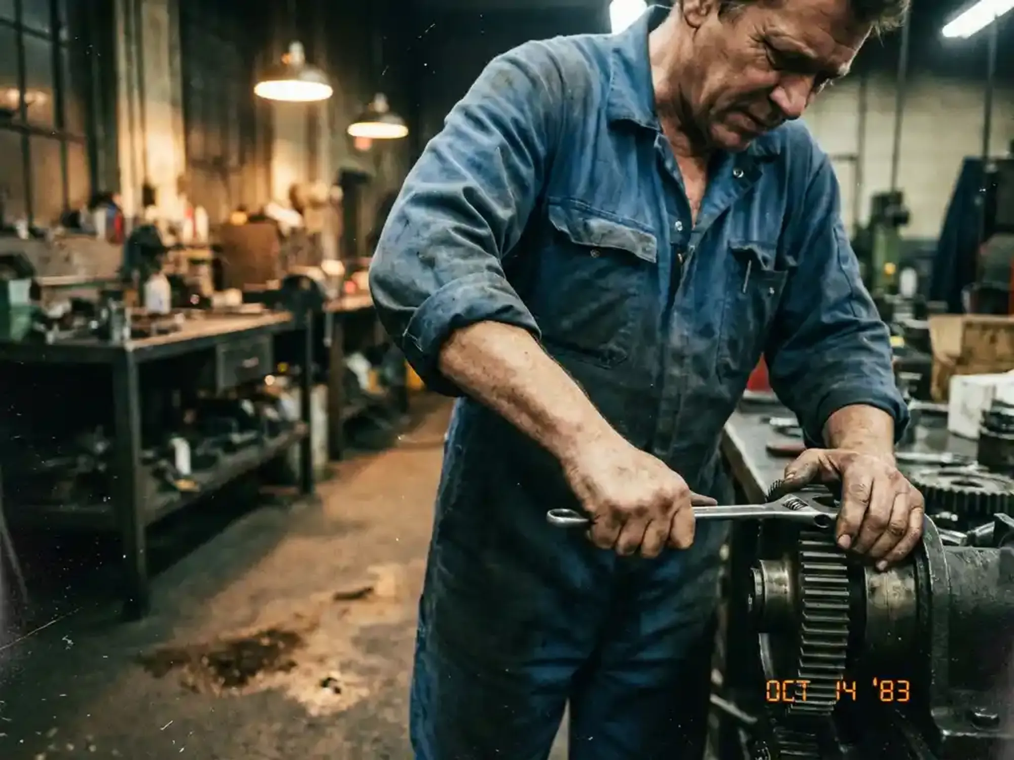 Technicus in blauwe overall stelt precisiemachines af met moersleutel in industriële werkplaats