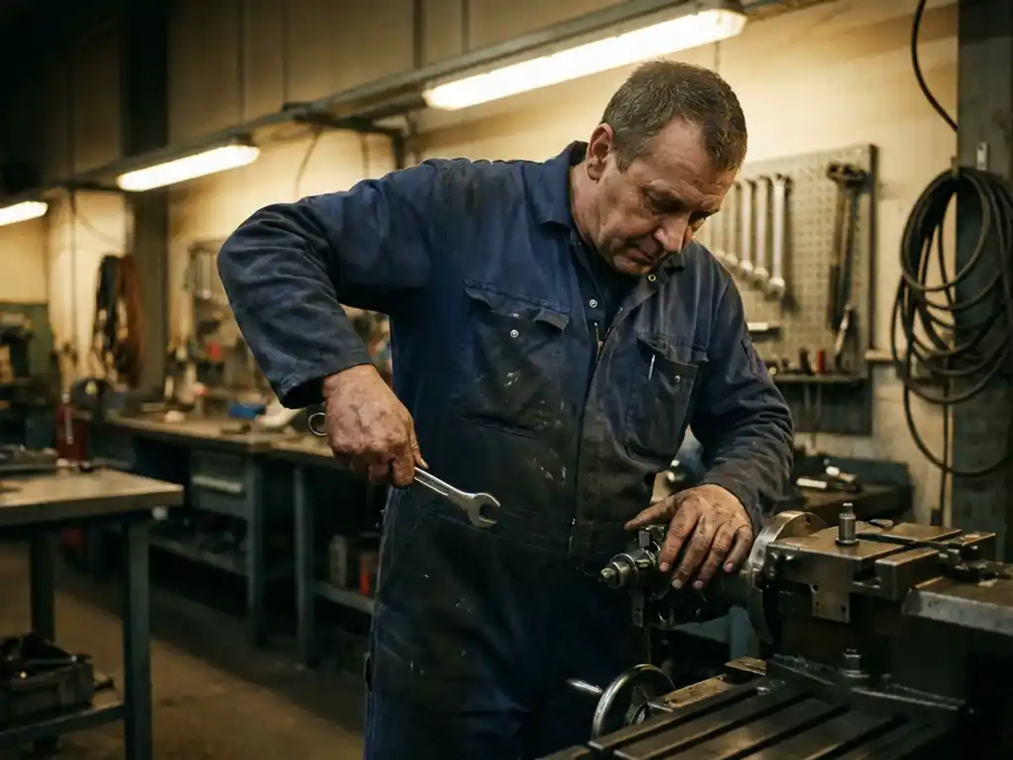 Ervaren technicus in blauwe overall past precisie-machine aan met sleutel in industriële werkplaats