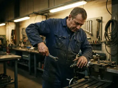 Ervaren technicus in blauwe overall past precisie-machine aan met sleutel in industriële werkplaats