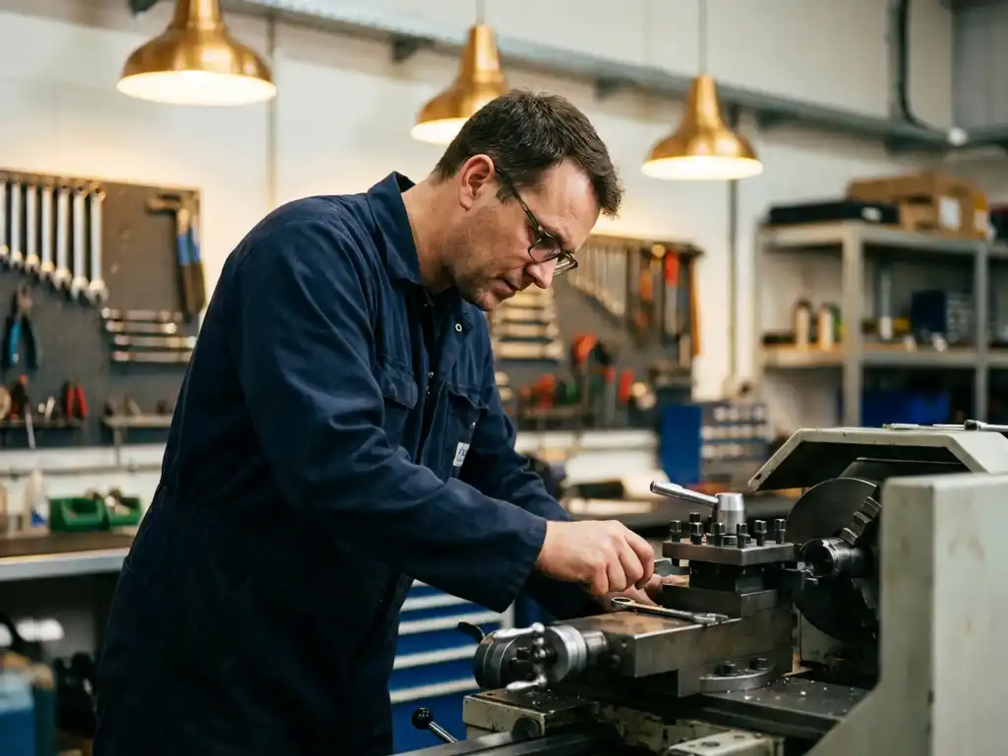 Technicus in blauwe werkkleding stelt precisiemachines af met gespecialiseerd gereedschap in moderne industriële werkplaats