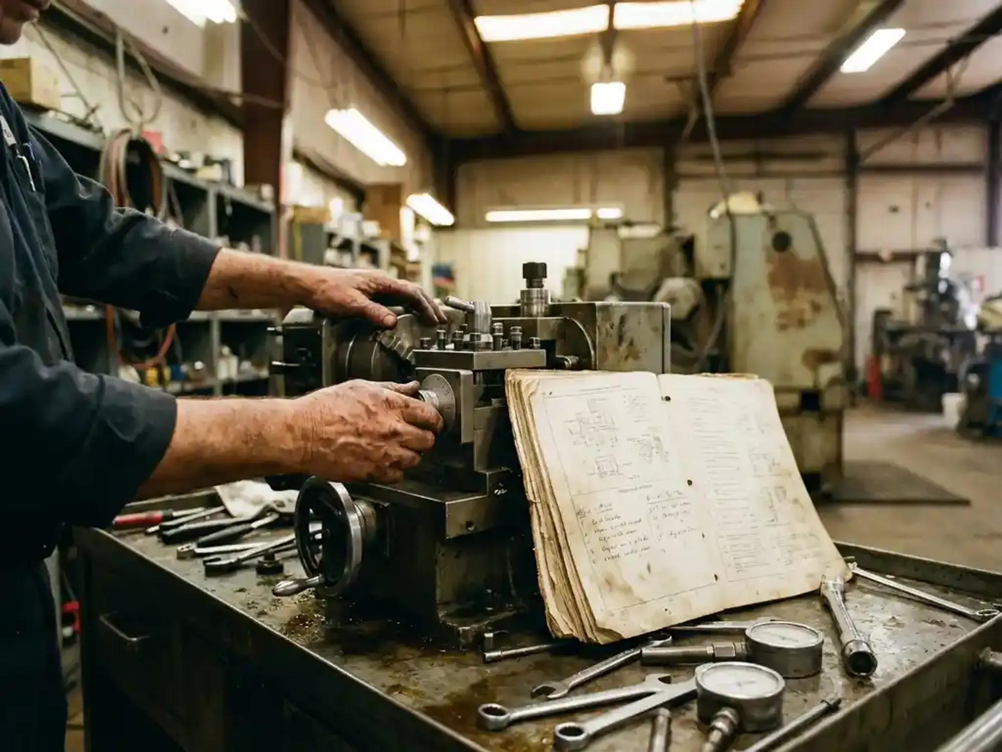 Technicus past precisie-apparatuur aan met technische handleiding en gereedschap op metalen werkbank in industriële werkplaats