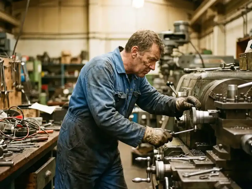 Ervaren technicus past precisiemachines aan in industriële werkplaats met professionele gereedschappen