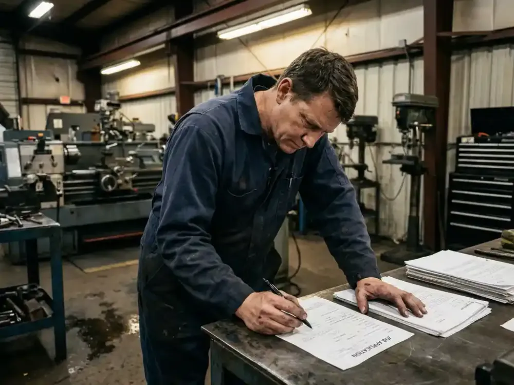 Technicus in blauwe werkkleding bekijkt sollicitatieformulier aan werkbank in industriële werkplaats