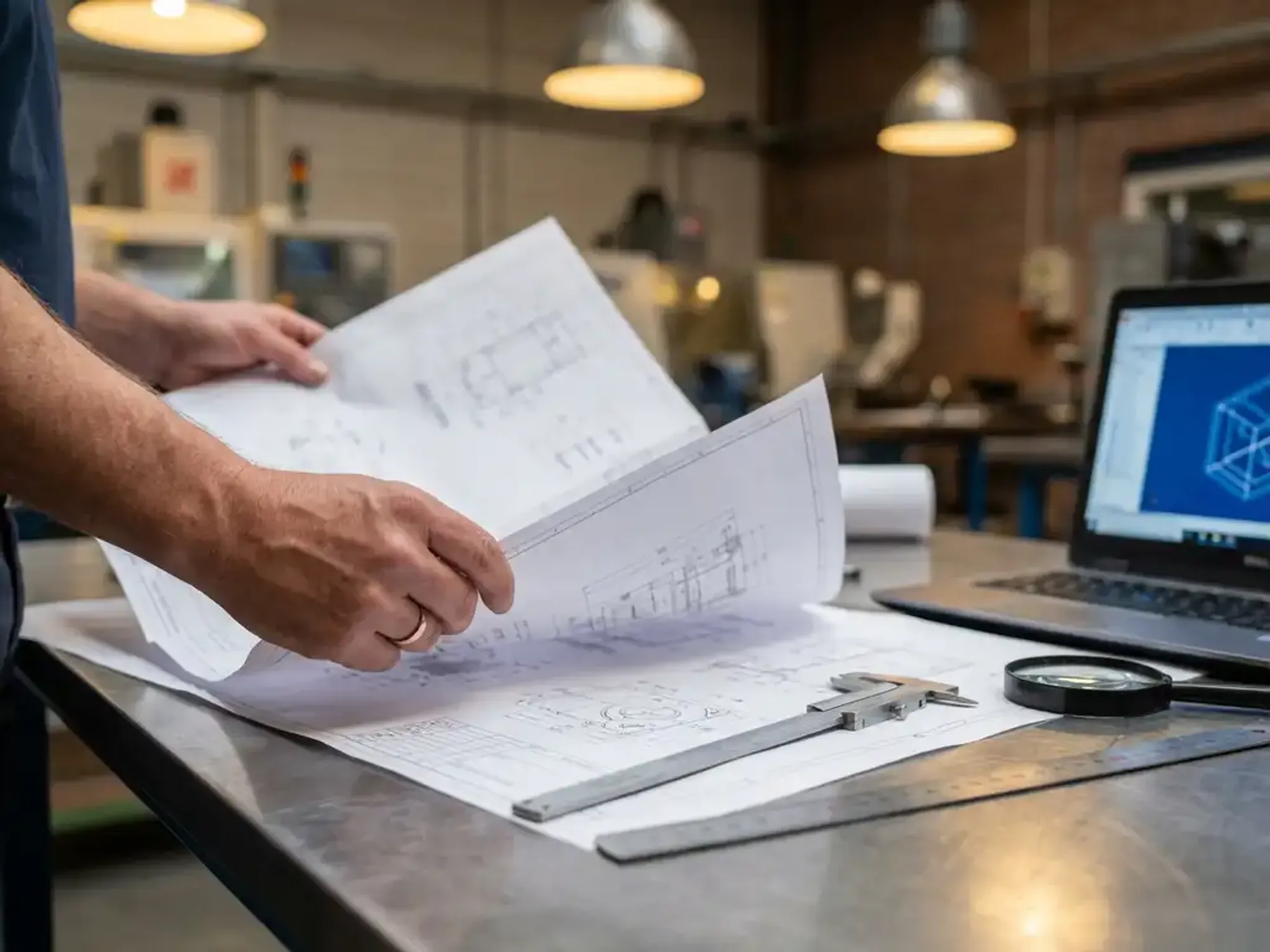 Ingenieur bestudeert technische blauwdrukken op stalen werkbank met meetgereedschap en laptop met CAD-software