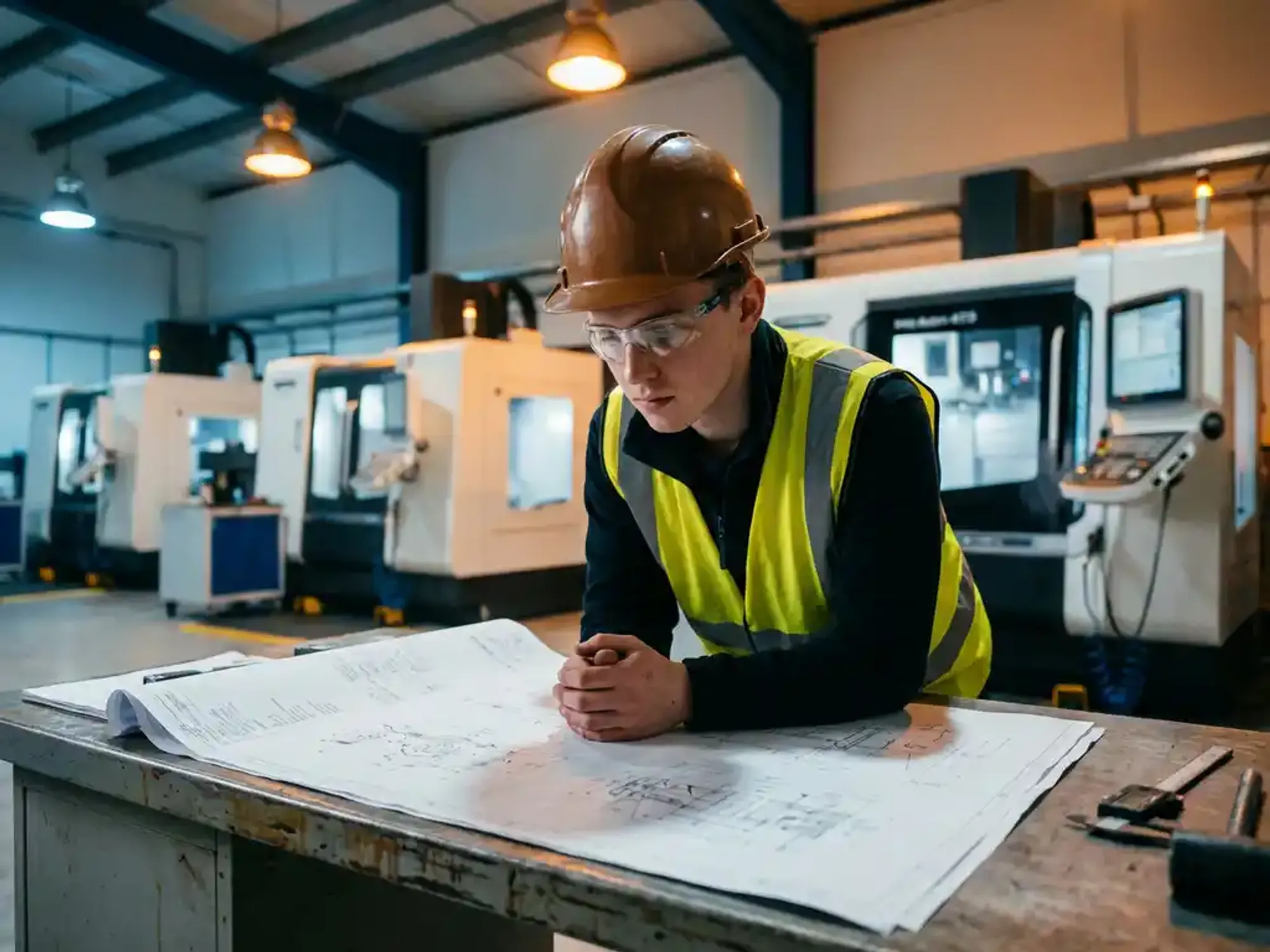 Jonge ingenieur in veiligheidsuitrusting bestudeert technische tekeningen op werkbank in moderne productiefaciliteit