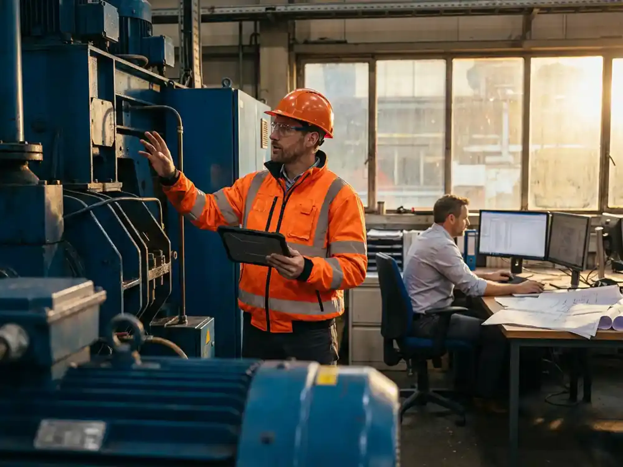 Veldingenieur in oranje veiligheidskleding inspecteert industriële machines met tablet terwijl kantooringenieur aan computer werkt