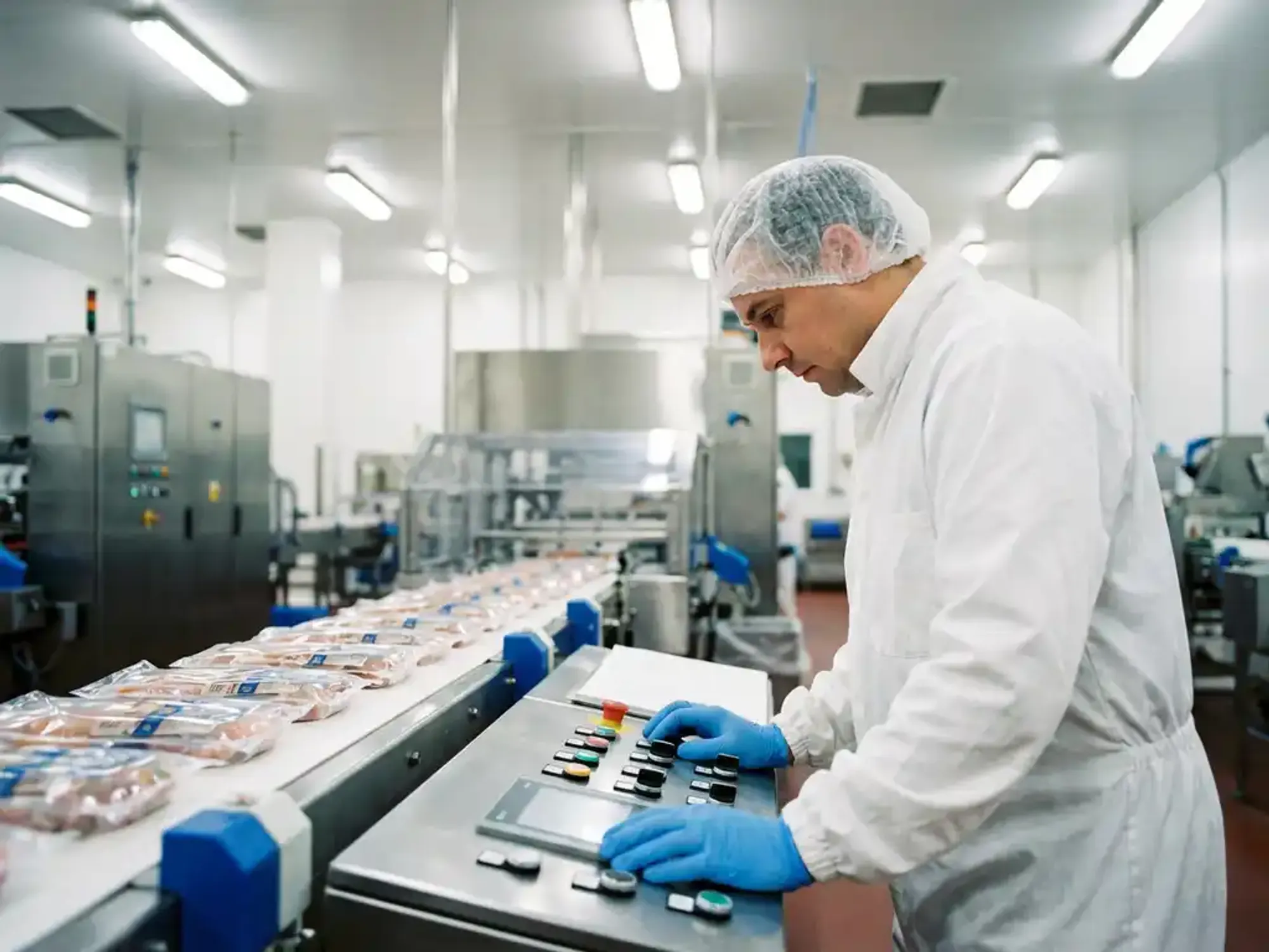 Voedselindustrie operator in witte beschermkleding bedient controlepaneel van roestvrijstalen productielijnen in moderne verwerkingsfaciliteit