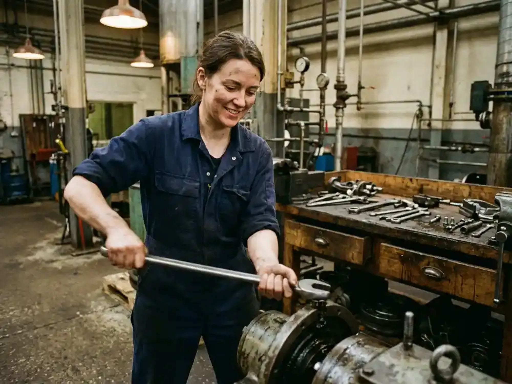 Vrouwelijke technicus in blauwe overall past industriële machine aan met moersleutel in werkplaats met gereedschap