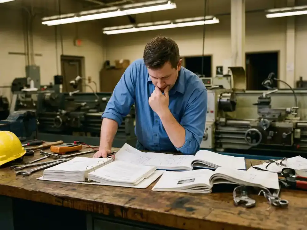 Kandidaat bestudeert technische documentatie aan werkbank met industriële handleidingen, veiligheidshelm en bril klaarliggend