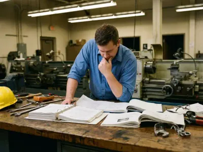 Kandidaat bestudeert technische documentatie aan werkbank met industriële handleidingen, veiligheidshelm en bril klaarliggend