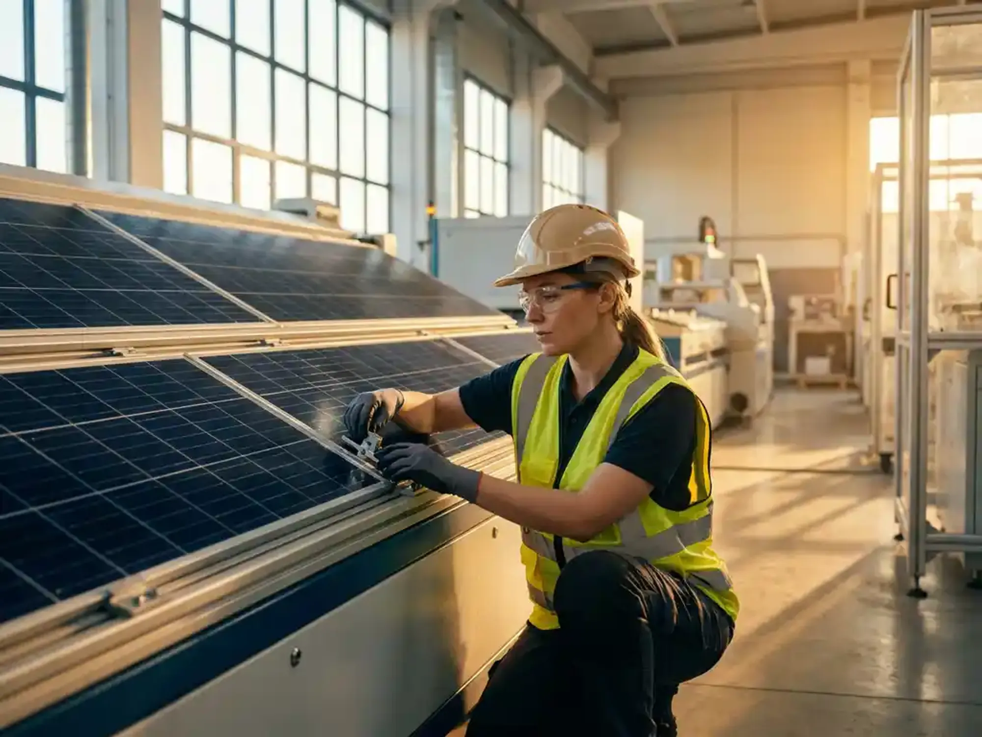 Ingenieur in veiligheidsuitrusting inspecteert zonnepanelen op industriële machines in moderne fabriek met natuurlijk licht