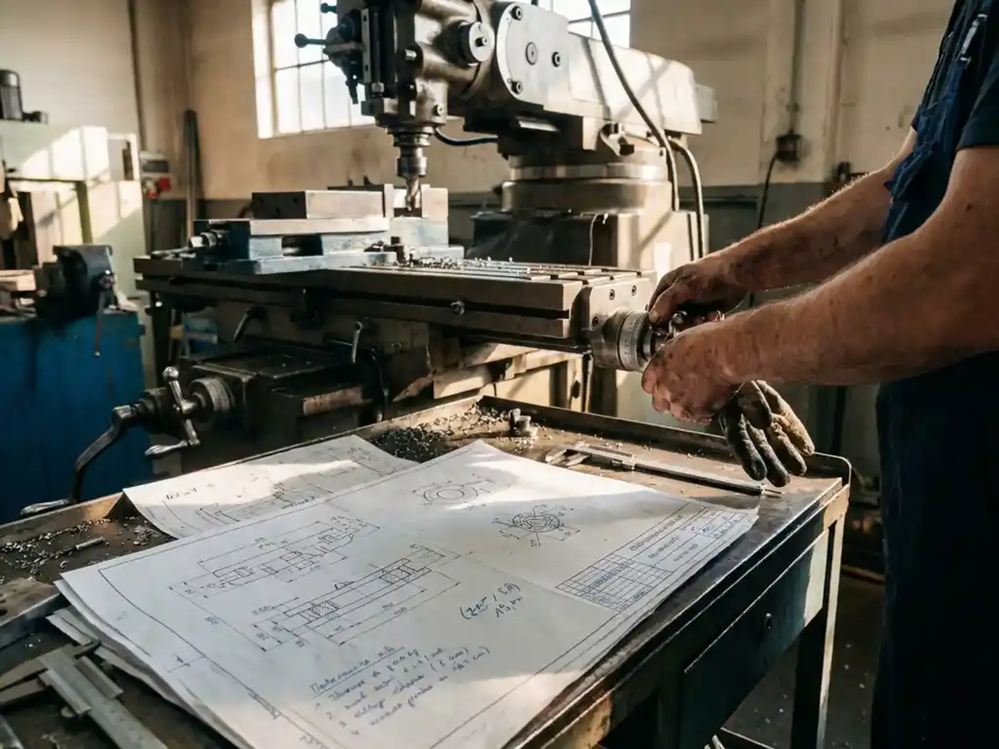 Machinist past CNC-freesmachine aan met technische tekeningen op metalen werkbank in industriële werkplaats