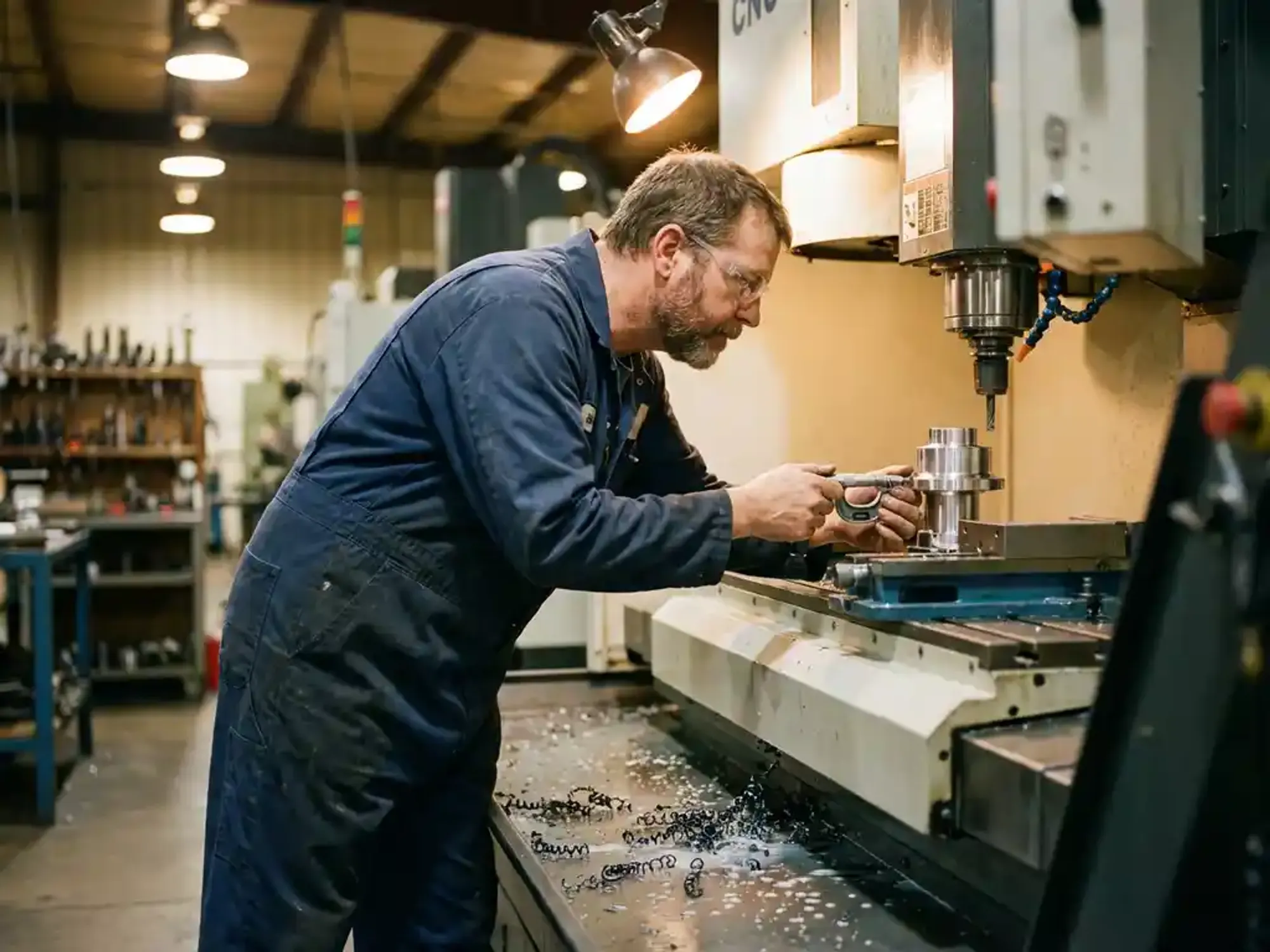 Machinist in marineblauwe overall past precisieonderdelen aan op grote CNC-freesmachine in werkplaats met metaalspanen