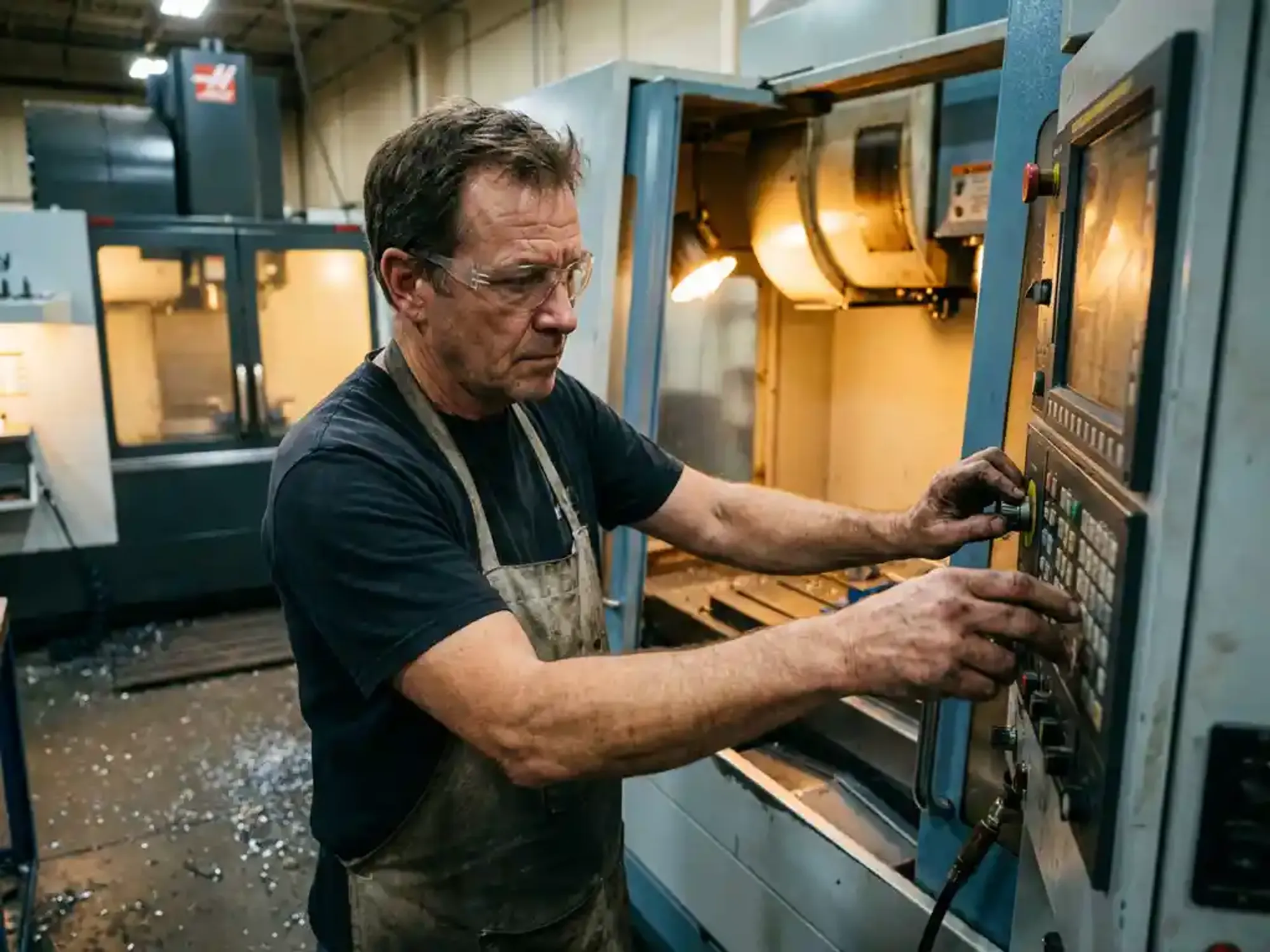 Machinist stelt precisie-instellingen bij op CNC-freesmachine in industriële werkplaats met metaalspanen op betonnen vloer