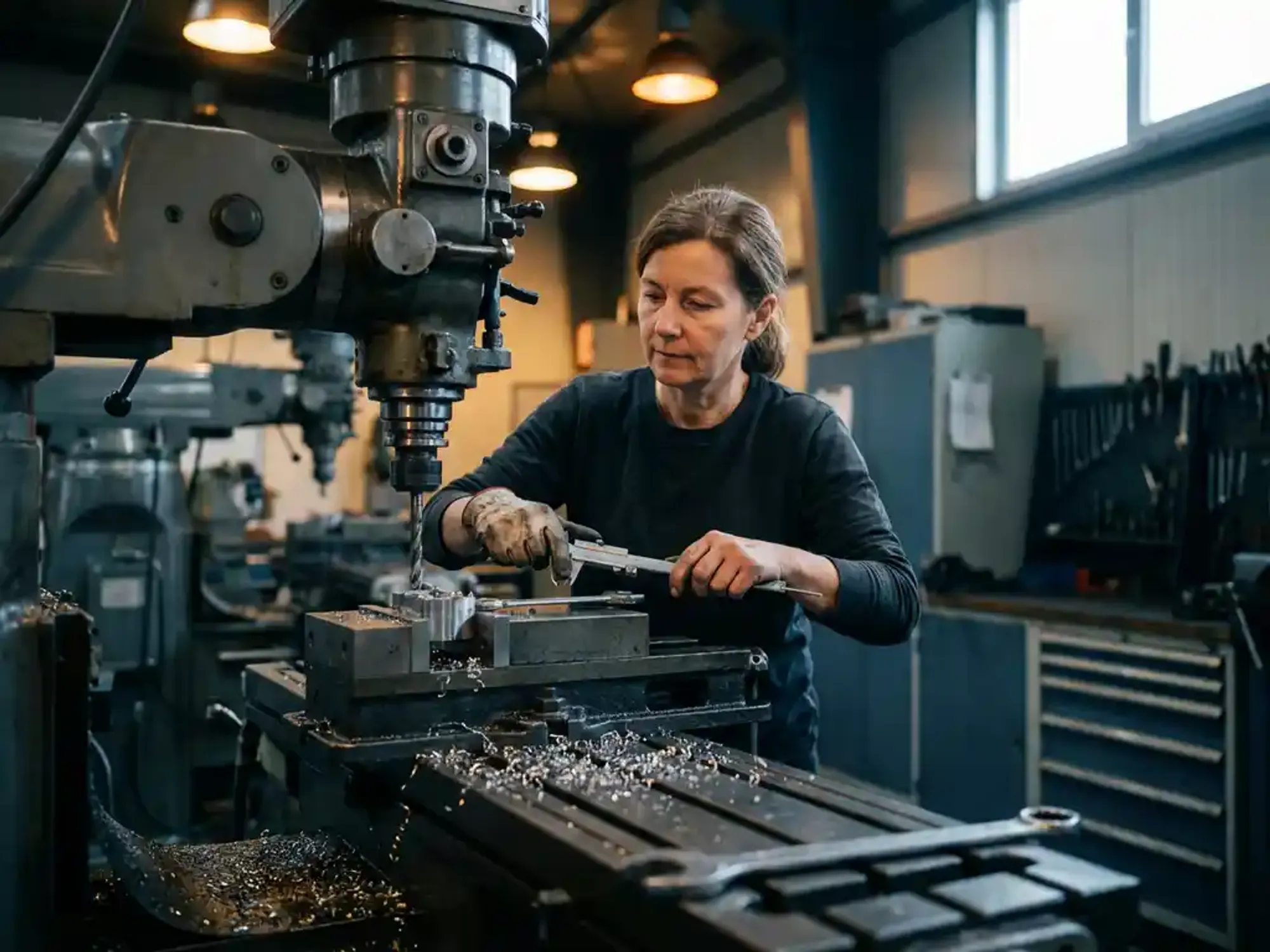 Vakkundige machinist stelt CNC-freesmachine bij met precisie-gereedschap, metaalspanen glinsteren op werkoppervlak