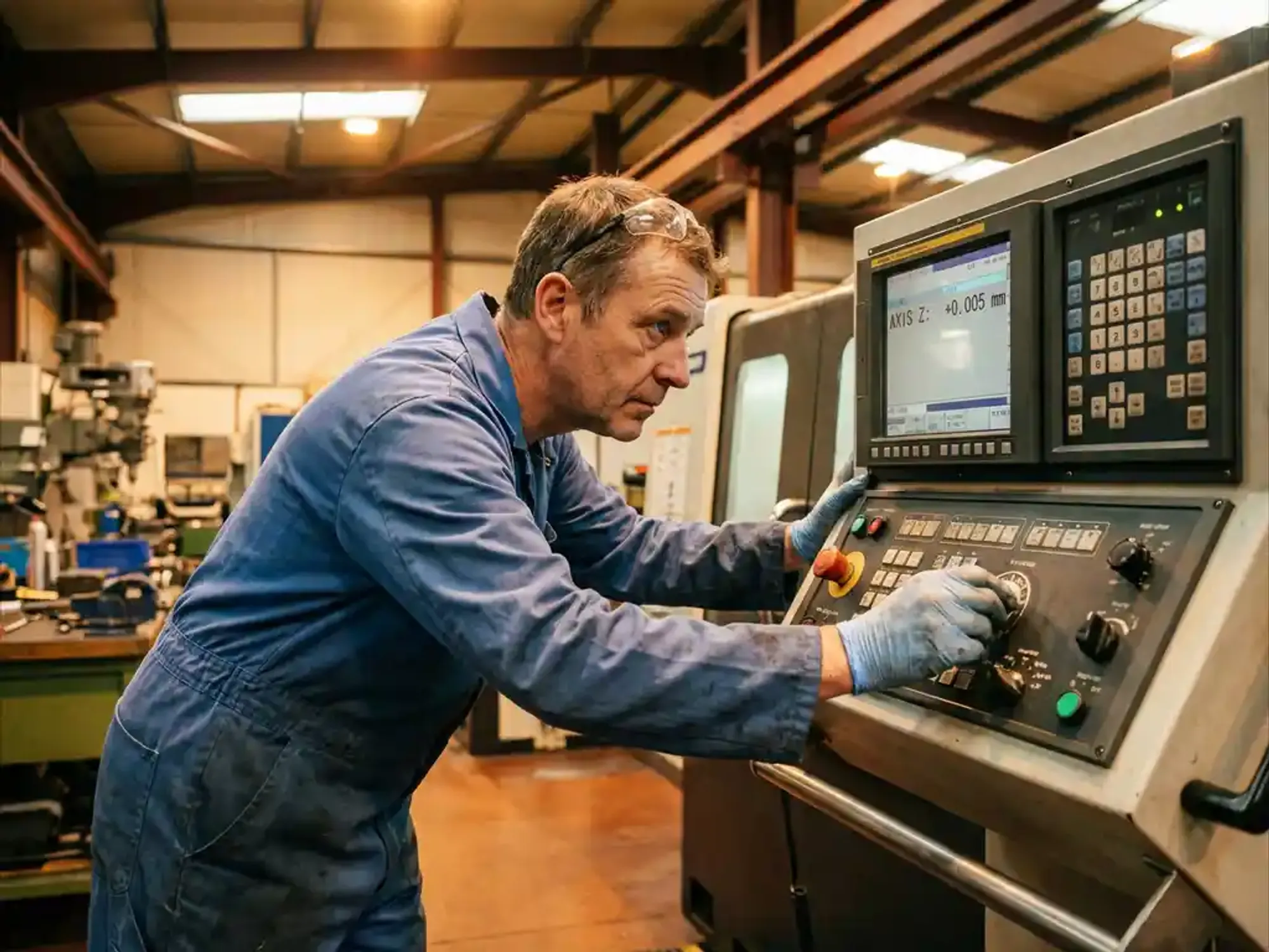 Ingenieur in blauwe werkkleding bedient bedieningspaneel van industriële CNC-machine in moderne productiefaciliteit