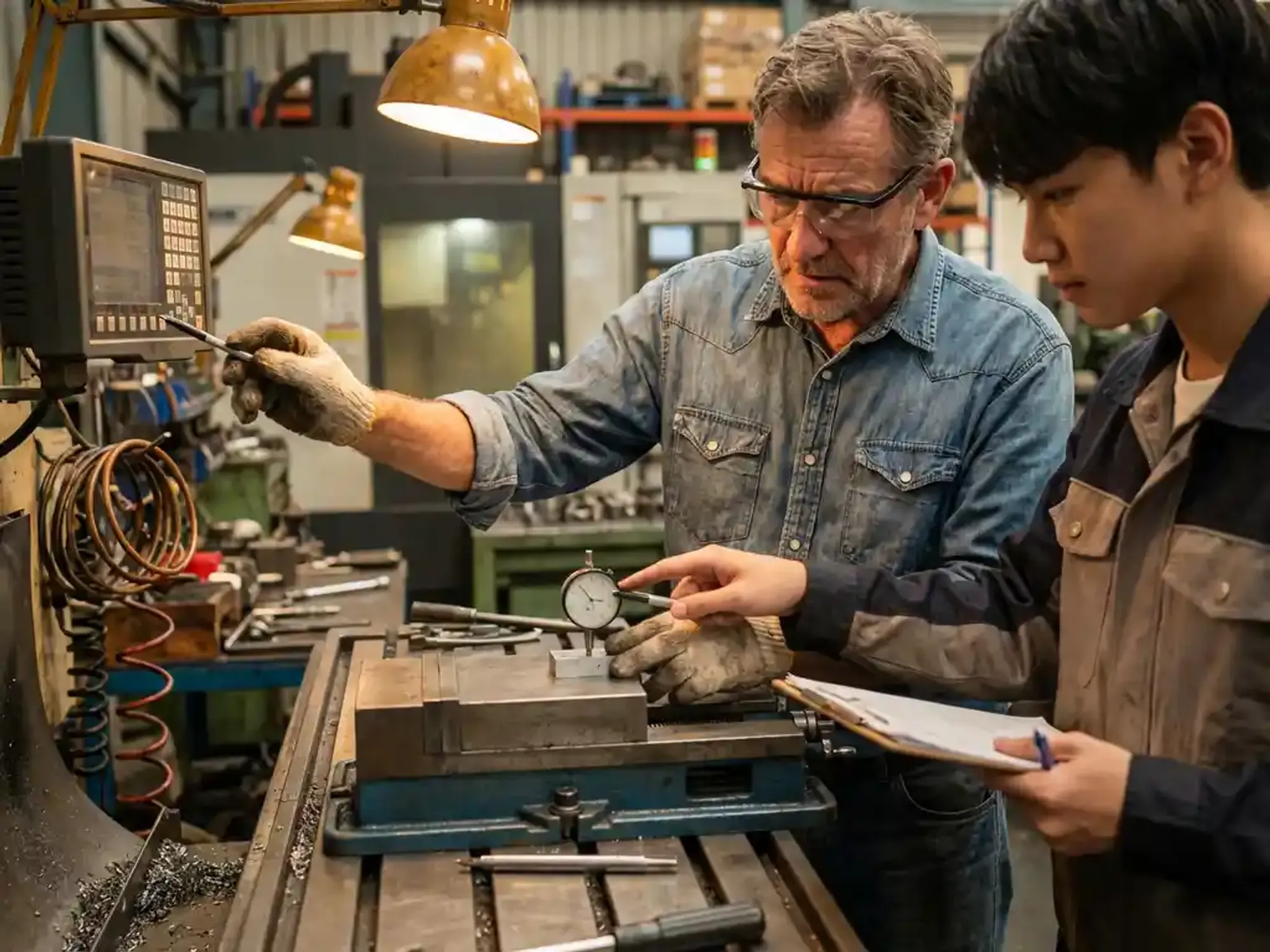 Ervaren ingenieur begeleidt leerling bij het kalibreren van precisie-meetgereedschap op CNC-werkbank in industriële werkplaats